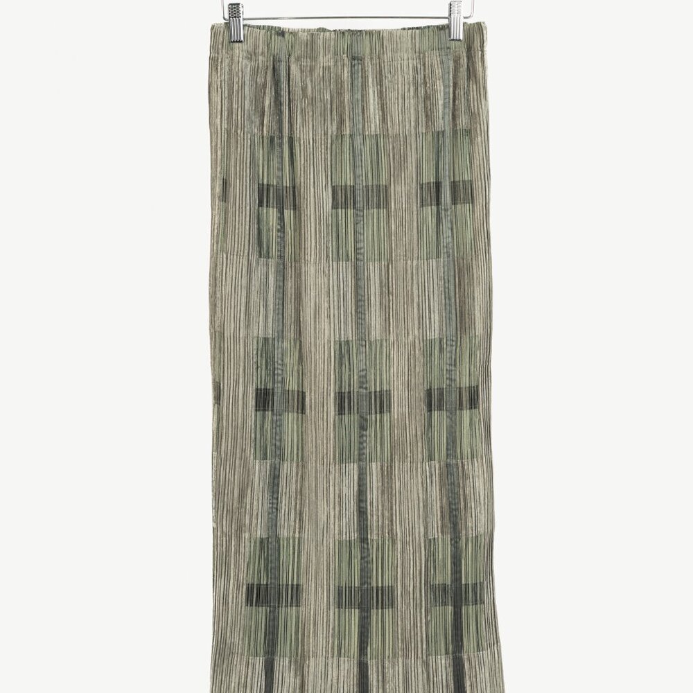 Issey Miyake Green Velvet & Satin Plaid Pleated Maxi Skirt